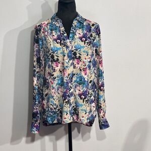 Dana Buchman Women's Blue Floral V neck Long Sleeve Multicolor Blouse Size Small